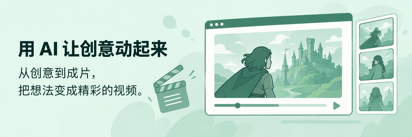 用 AI 让创意动起来。从创意到成片,把想法变成精彩的视频。